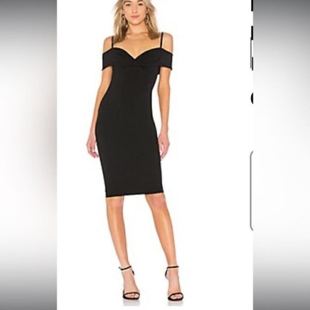 Nookie Revolve Phoenix Off Shoulder Midi Bodycon Crepe Dress SMALL Black